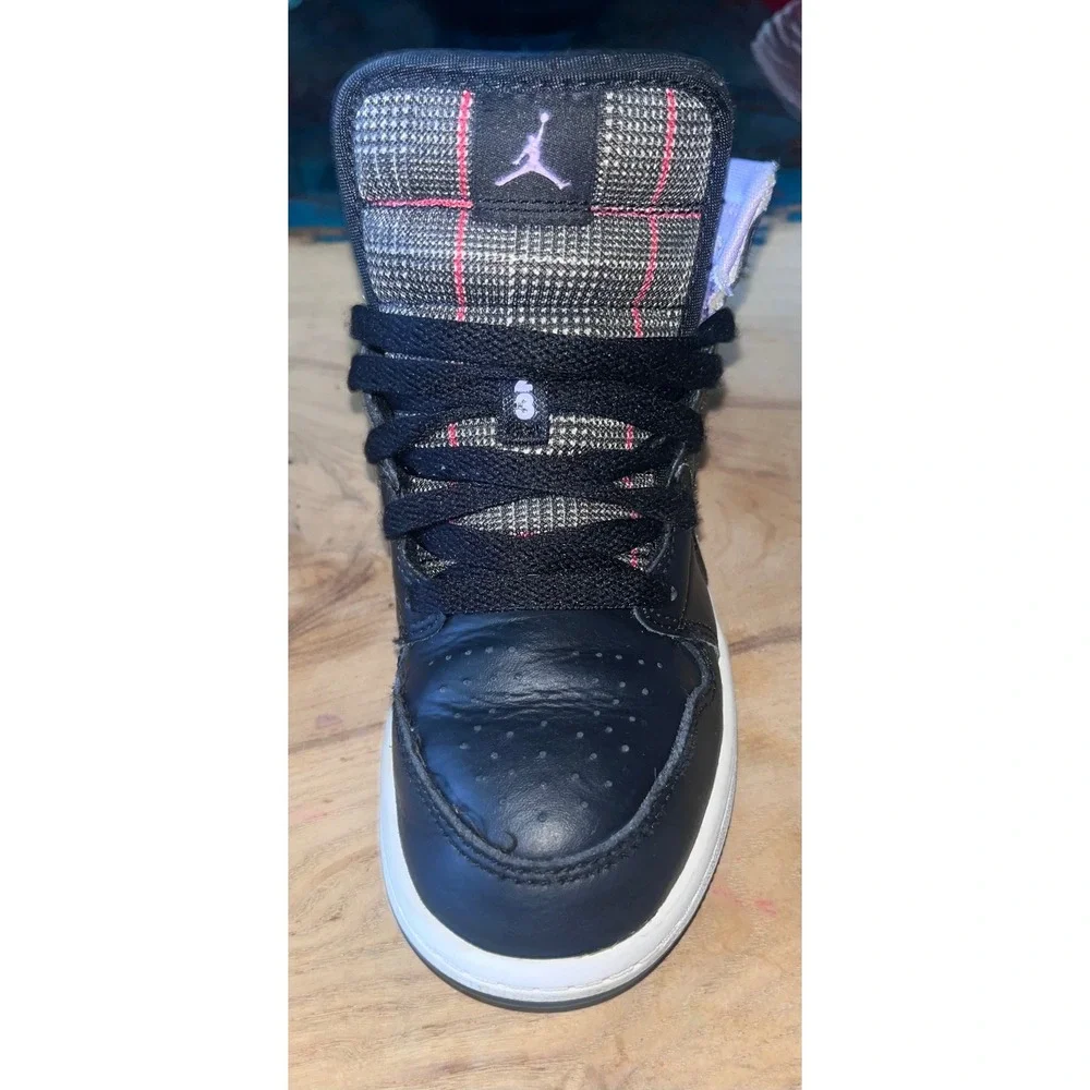 Nike Air Jordan 1 Mid Black Lilac White Plaid Sneakers DC7227-015 Kids Size 1Y